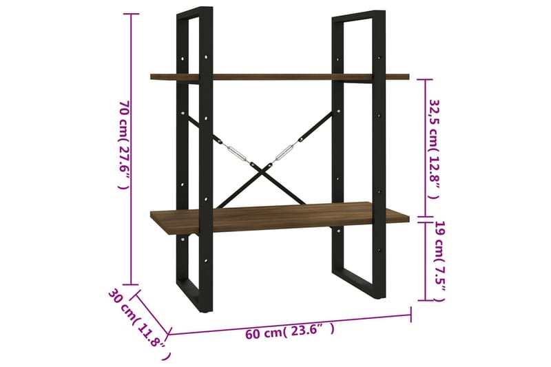 beBasic bogreol m. 2 hylder 60x30x70 cm konstrueret træ brun egetræ - Brun - Opbevaring - Hylder & Reoler - Bogreol