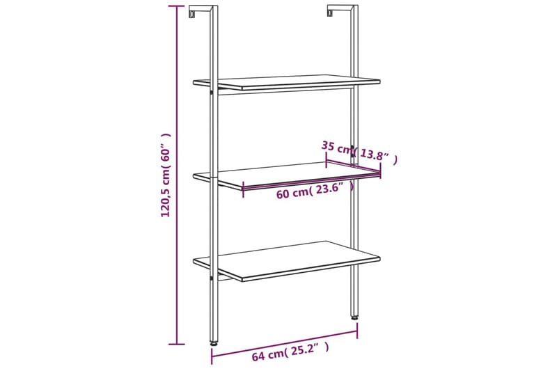 beBasic stigereol med 3 hylder 64x35x120,5 cm lysebrun og sort - Brun - Opbevaring - Hylder & Reoler - Bogreol