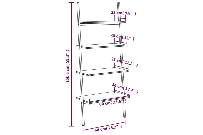 beBasic stigereol med 4 hylder 64x34x150,5 cm mørkebrun og sort - Brun - Opbevaring - Hylder & Reoler - Bogreol