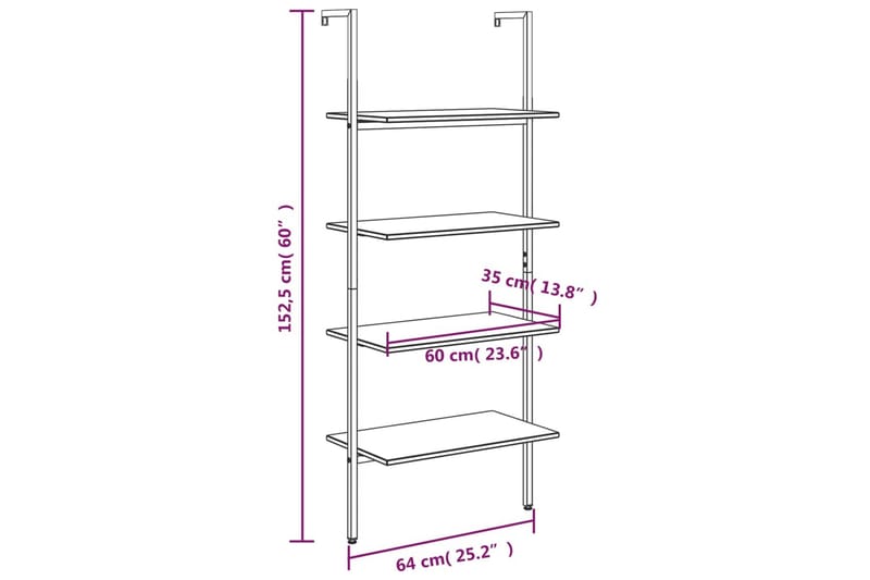 beBasic stigereol med 4 hylder 64x35x152,5 cm mørkebrun og sort - Brun - Opbevaring - Hylder & Reoler - Bogreol