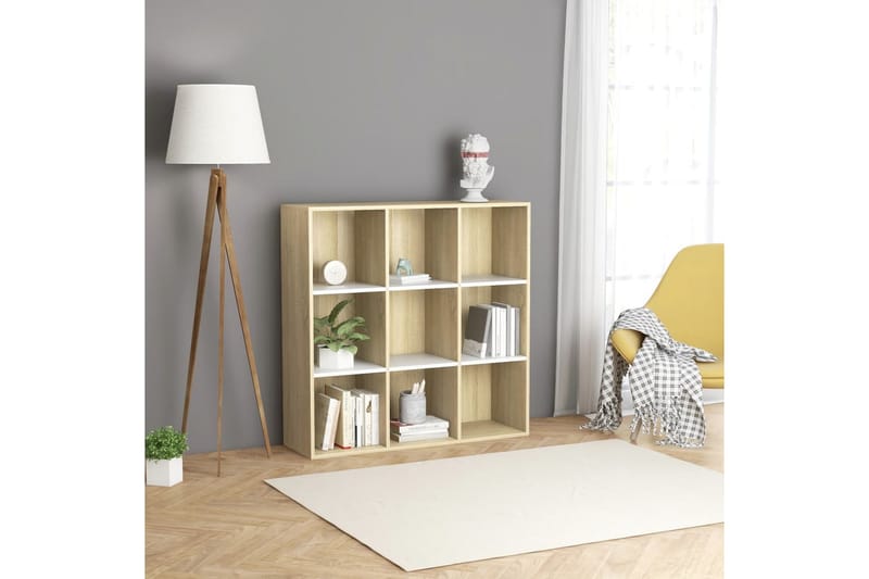 Bogreol 98x30x98 cm Spånplade Hvid Og Sonoma-Eg - Beige - Opbevaring - Hylder & Reoler - Bogreol