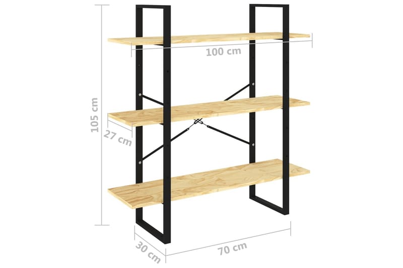 bogreol med 3 hylder 100x30x105 cm massivt fyrretræ - Brun - Opbevaring - Hylder & Reoler - Bogreol