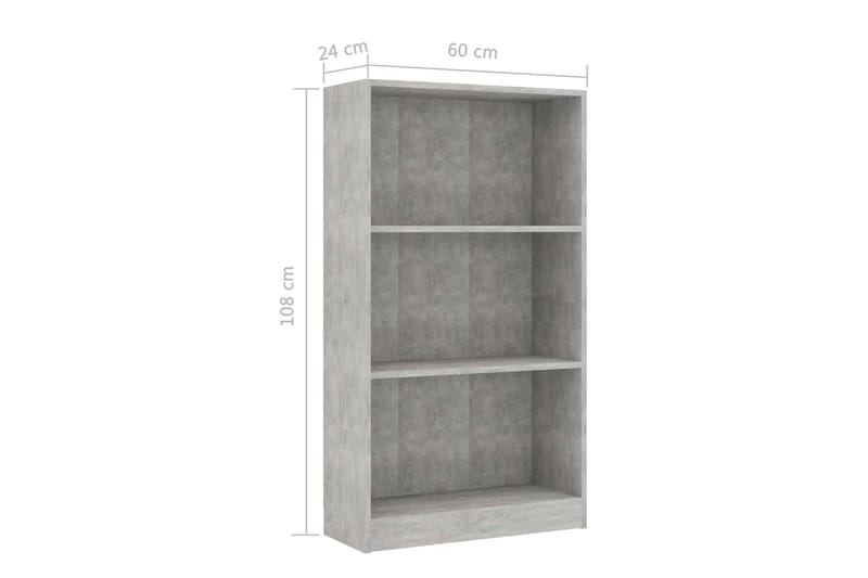 bogreol med 3 hylder 60 x 24 x 108 cm spånplade betongrå - Grå - Opbevaring - Hylder & Reoler - Bogreol