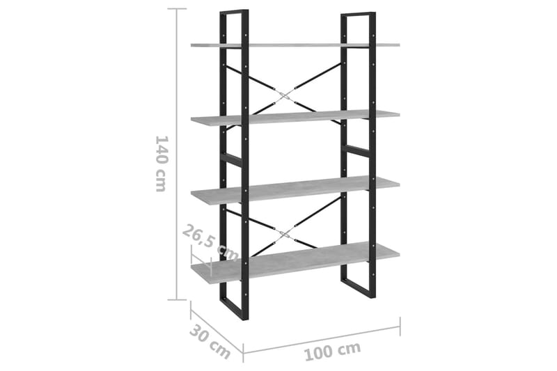 bogreol med 4 hylder 100x30x140 cm spånplade betongrå - Grå - Opbevaring - Hylder & Reoler - Bogreol