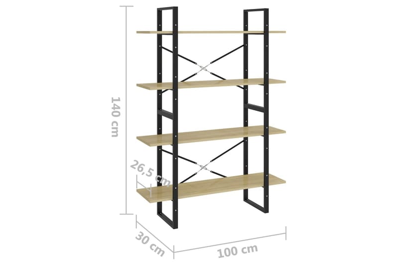 bogreol med 4 hylder 100x30x140 cm spånplade sonoma-eg - Brun - Opbevaring - Hylder & Reoler - Bogreol