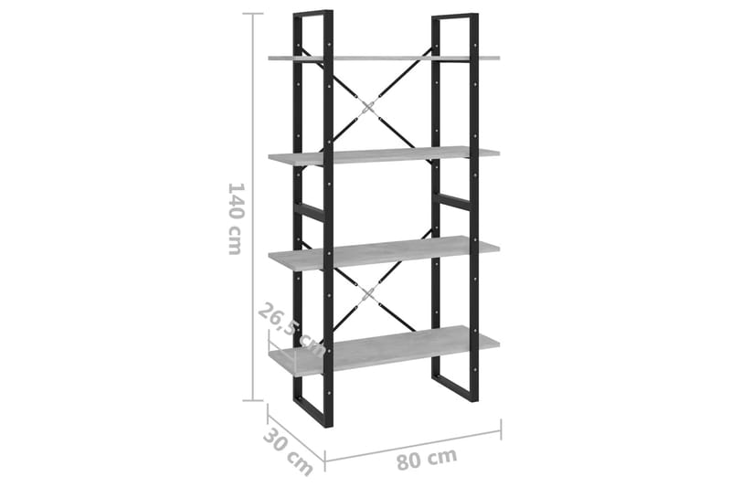 bogreol med 4 hylder 80x30x140 cm spånplade betongrå - Grå - Opbevaring - Hylder & Reoler - Bogreol