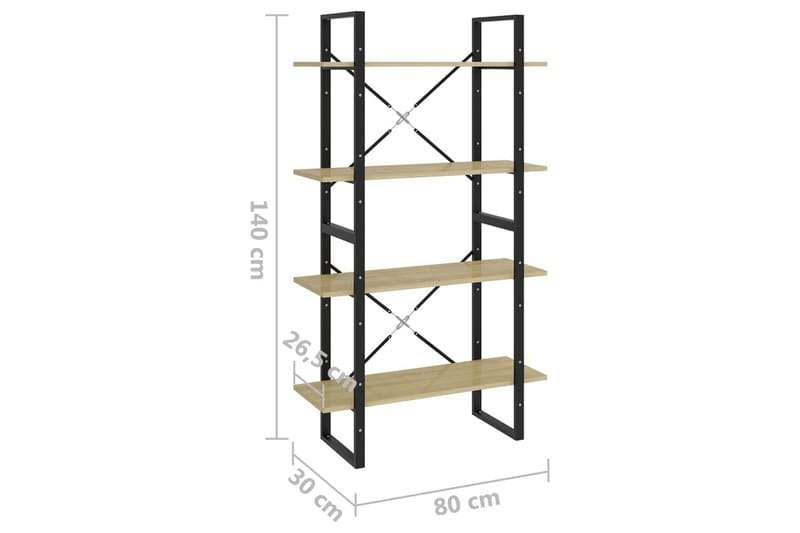 bogreol med 4 hylder 80x30x140 cm spånplade sonoma-eg - Brun - Opbevaring - Hylder & Reoler - Bogreol