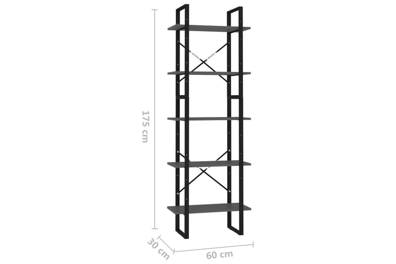 bogreol med 5 hylder 60x30x175 cm spånplade grå - Grå - Opbevaring - Hylder & Reoler - Bogreol