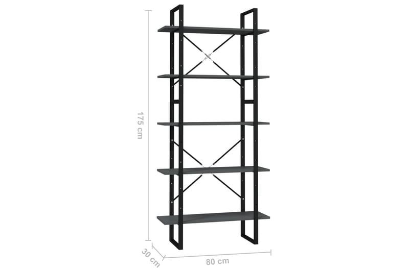 bogreol med 5 hylder 80x30x175 cm spånplade grå - Grå - Opbevaring - Hylder & Reoler - Bogreol