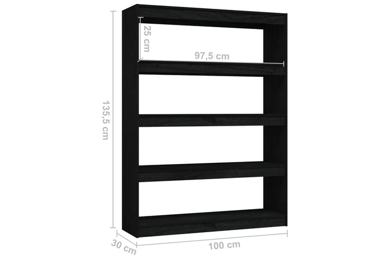 bogskab/rumdeler 100x30x135,5 cm massivt fyrretræ sort - Sort - Opbevaring - Hylder & Reoler - Bogreol