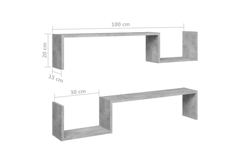 væghylder 2 stk. 100x15x20 cm spånplader betongrå - Grå - Opbevaring - Hylder & Reoler - Væghylde & vægreol