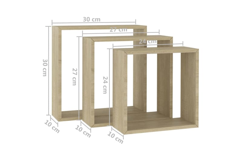 væghylder 3 stk. kubeformet sonoma-eg - Brun - Opbevaring - Hylder & Reoler - Væghylde & vægreol