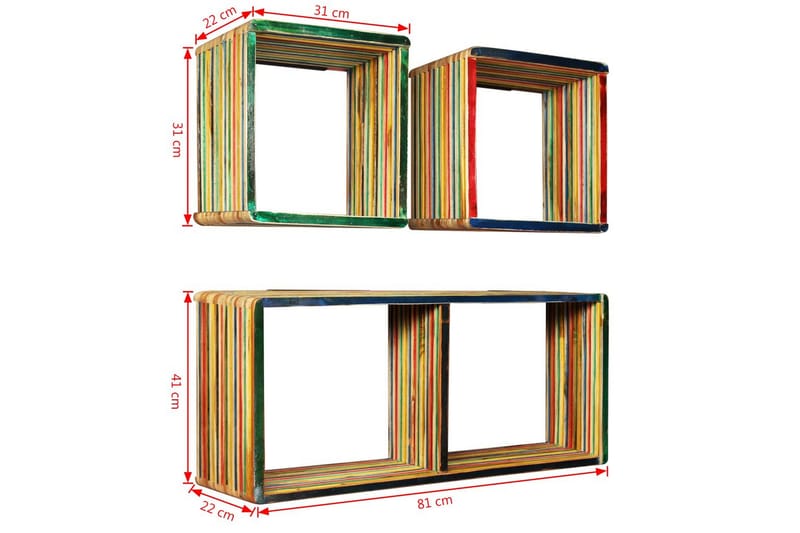 Væghyldesæt 3 Dele Massivt Genanvendt Teak Flerfarvet - Flerfarvet - Opbevaring - Hylder & Reoler - Væghylde & vægreol