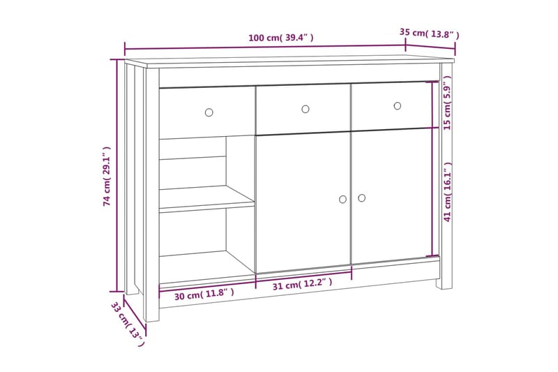 beBasic skænk 100x35x74 cm massivt fyrretræ grå - GrÃ¥ - Opbevaring - Opbevaringsmøbler - Skænke & sideboards