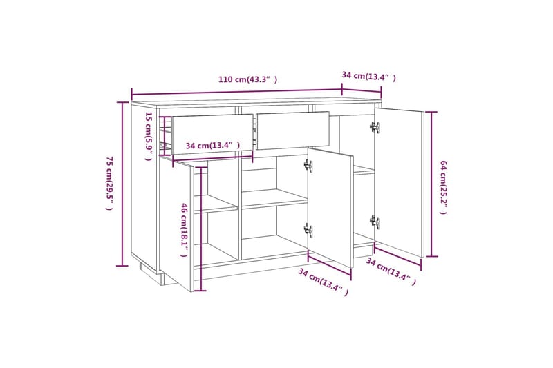 beBasic skænk 110x34x75 cm massivt fyrretræ hvid - Hvid - Opbevaring - Opbevaringsmøbler - Skænke & sideboards