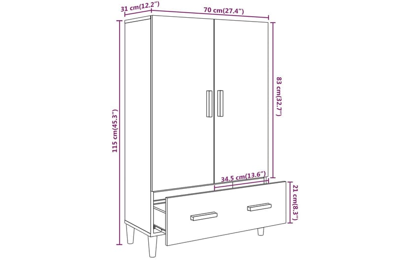 beBasic skab 70x31x115 cm konstrueret træ hvid højglans - Hvid - Opbevaring - Opbevaringsmøbler - Skænke & sideboards