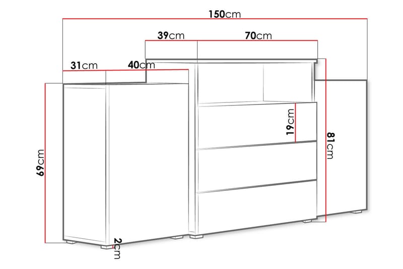 Urbanie Kommode 39x150 cm LED - Hvid - Opbevaring - Entréopbevaring