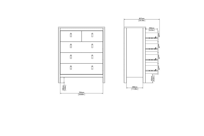 Vallvidera Kommode 5 Skuffer 38x82 cm - Sort/Natur - Opbevaring - Opbevaringsmøbler - Kommode