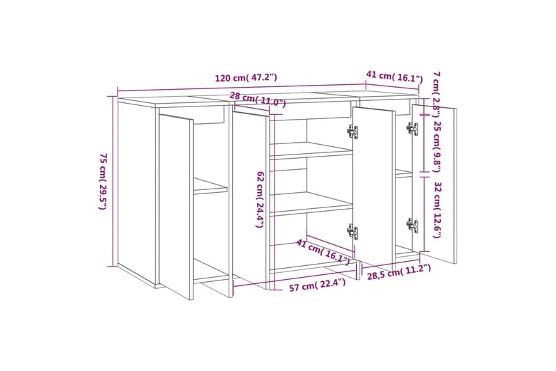 skænk 120x41x75 cm spånplade hvid højglans - Hvid - Opbevaring - Opbevaringsmøbler - Skænke & sideboards