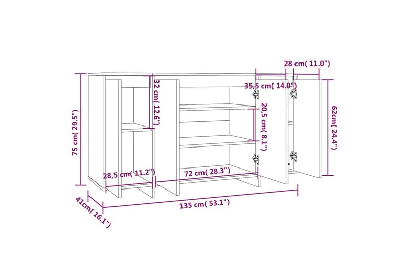 skænk 135x41x75 cm spånplade grå sonoma-eg - Grå - Opbevaring - Opbevaringsmøbler - Skænke & sideboards