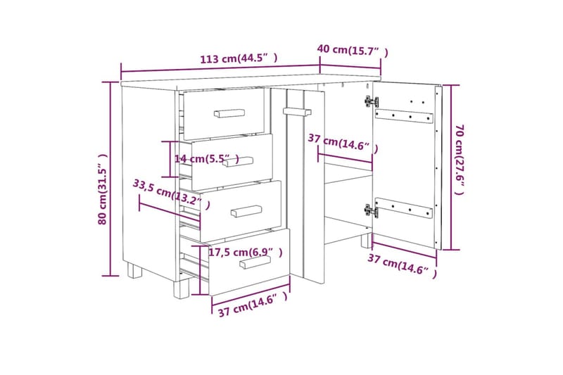 skænk 113x40x80 cm massivt fyrretræ gyldenbrun - Brun - Opbevaring - Opbevaringsmøbler - Skænke & sideboards