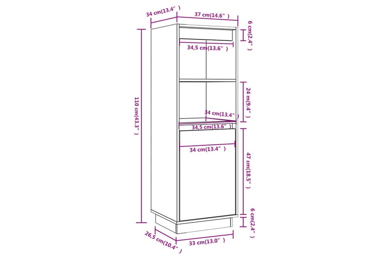 skænk 37x34x110 cm massivt fyrretræ grå - Grå - Opbevaring - Opbevaringsmøbler - Skænke & sideboards