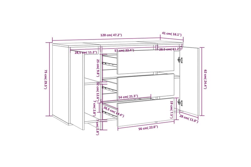 skænk med 3 skuffer 120x41x75 cm spånplade grå sonoma-eg - Grå - Opbevaring - Opbevaringsmøbler - Skænke & sideboards