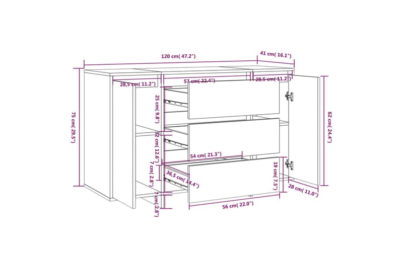 skænk med 3 skuffer 120x41x75 cm spånplade hvid - Hvid - Opbevaring - Opbevaringsmøbler - Skænke & sideboards