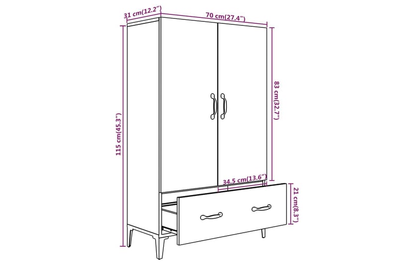 beBasic skab 70x31x115 cm konstrueret træ betongrå - GrÃ¥ - Opbevaring - Skab - Skabe