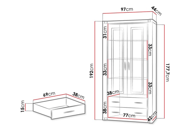 Dallas vitrineskab 97x43,5x192 cm - Eg / LED-belysning - Opbevaring - Skab - Vitrineskabe