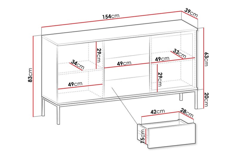 Klinkerville Lavt vitrineskab – Display med belysning – Træ – D39xH83xB154 cm - Sort - Opbevaring - Skab - Vitrineskabe