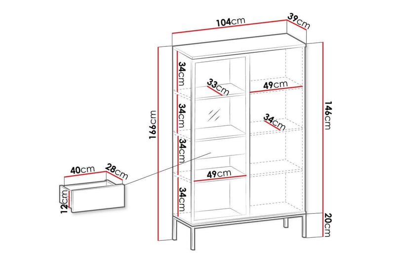 Klinkerville Vitrineskab sort display med belysning – Træ – D39xH166xB104 cm - Sort - Opbevaring - Skab - Vitrineskabe