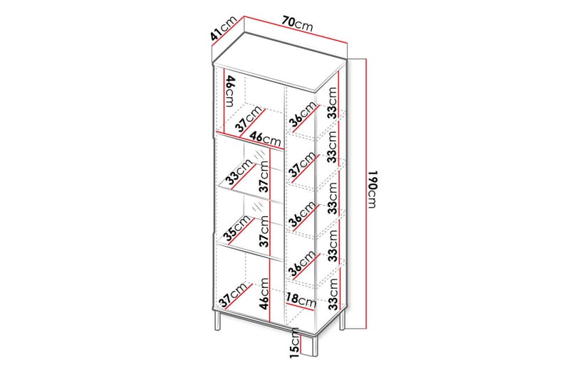 Querty Vitrineskab 70x190x41 cm - Hvid/Sort - Opbevaring - Skab - Vitrineskabe