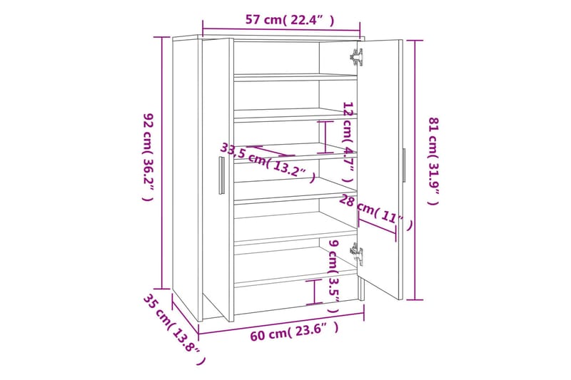 beBasic skoskab 60x35x92 cm konstrueret træ brun egetræsfarve - Brun - Opbevaring - Skoopbevaring