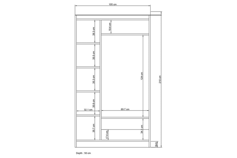 Bahar Garderobe med Spejl 105x210 cm - Hvid - Opbevaring - Tøjopbevaring - Garderobeskabe