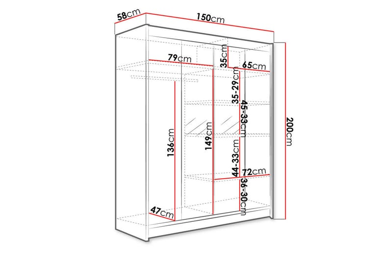 Camino garderobe 150x58x200 cm - Sort / hvid - Opbevaring - Tøjopbevaring - Garderobeskabe