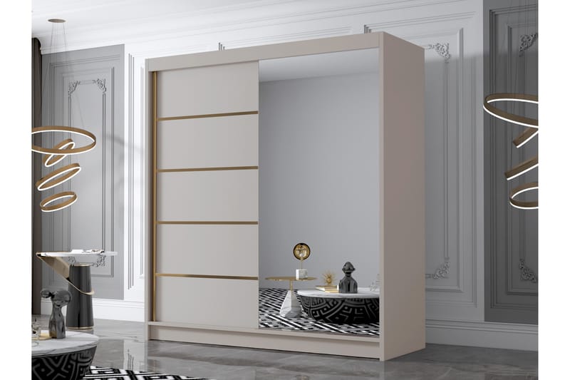 Chavez Garderobe med Spejl 180x215 cm - Beige - Opbevaring - Tøjopbevaring - Garderobeskabe