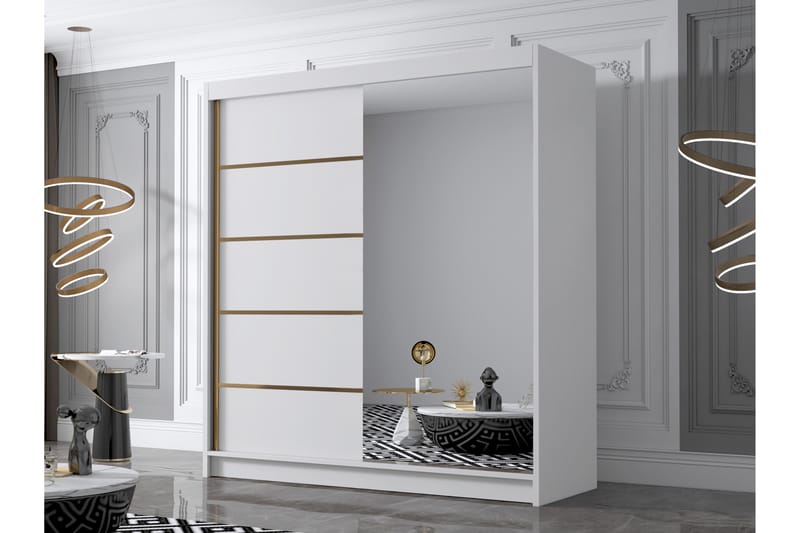 Chavez Garderobe med Spejl 180x215 cm - Hvid - Opbevaring - Tøjopbevaring - Garderobeskabe