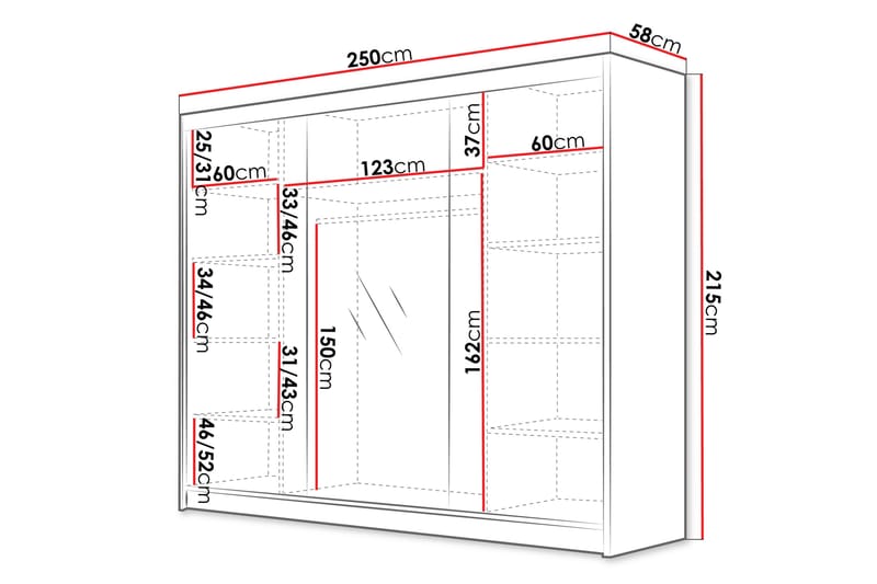 Cinerea Garderobe med Spejl 250x215 cm - Beige - Opbevaring - Tøjopbevaring - Garderobeskabe