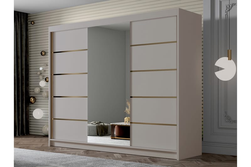 Cinerea Garderobe med Spejl 250x215 cm - Beige - Opbevaring - Tøjopbevaring - Garderobeskabe