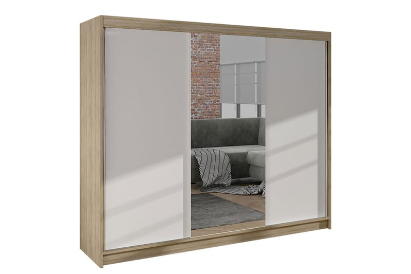 Cyria Garderobe med Speil 200x215 cm - Beige/Hvid - Opbevaring - Tøjopbevaring - Garderobeskabe