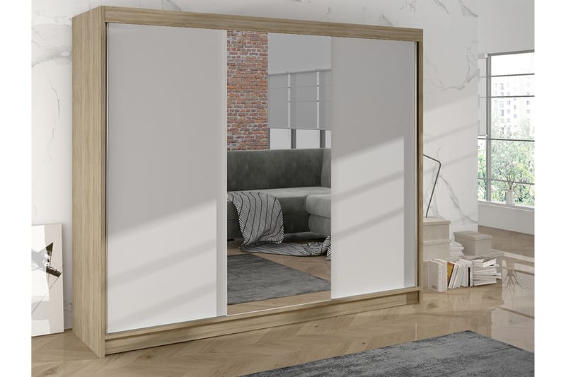 Cyria Garderobe med Speil 200x215 cm - Beige/Hvid - Opbevaring - Tøjopbevaring - Garderobeskabe