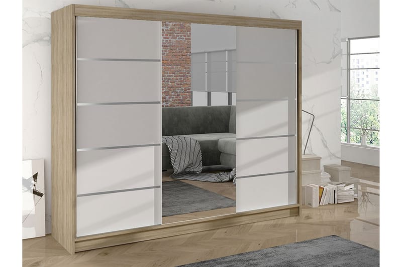 Cyria Garderobe med Speil 200x215 cm - Hvid/Beige - Opbevaring - Tøjopbevaring - Garderobeskabe