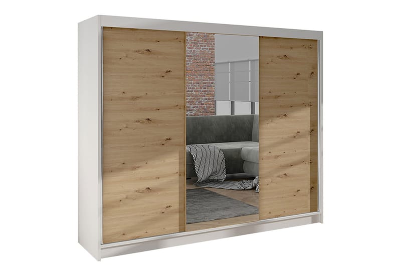 Cyria Garderobe med Spejl 200x215 cm - Brun/Hvid - Opbevaring - Tøjopbevaring - Garderobeskabe