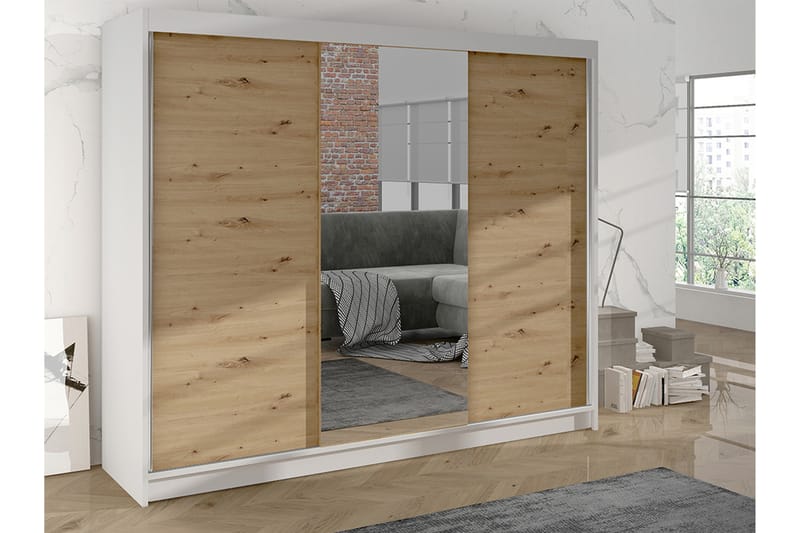 Cyria Garderobe med Spejl 200x215 cm - Brun/Hvid - Opbevaring - Tøjopbevaring - Garderobeskabe