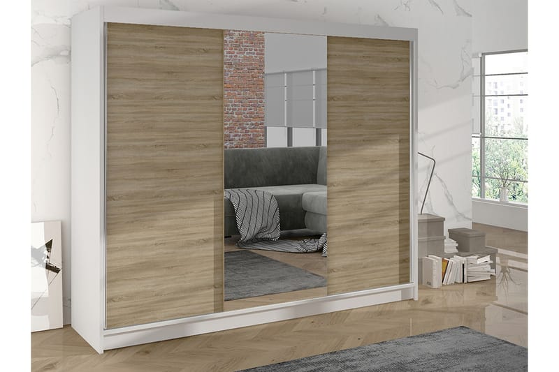 Cyria Garderobe med Spejl 200x215 cm - Brun/Hvid - Opbevaring - Tøjopbevaring - Garderobeskabe