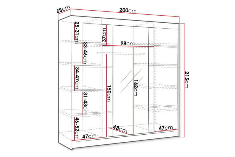 Cyria Garderobe med Spejl 200x215 cm - Brun/Hvid - Opbevaring - Tøjopbevaring - Garderobeskabe