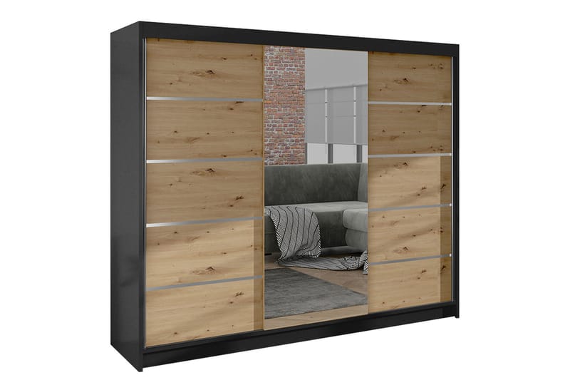 Cyria Garderobe med Spejl 200x215 cm - Brun/Sort - Opbevaring - Tøjopbevaring - Garderobeskabe