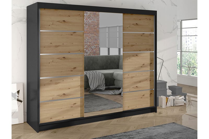 Cyria Garderobe med Spejl 200x215 cm - Brun/Sort - Opbevaring - Tøjopbevaring - Garderobeskabe