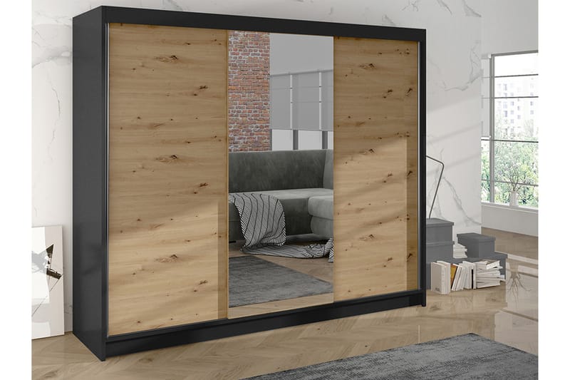 Cyria Garderobe med Spejl 200x215 cm - Brun/Sort - Opbevaring - Tøjopbevaring - Garderobeskabe